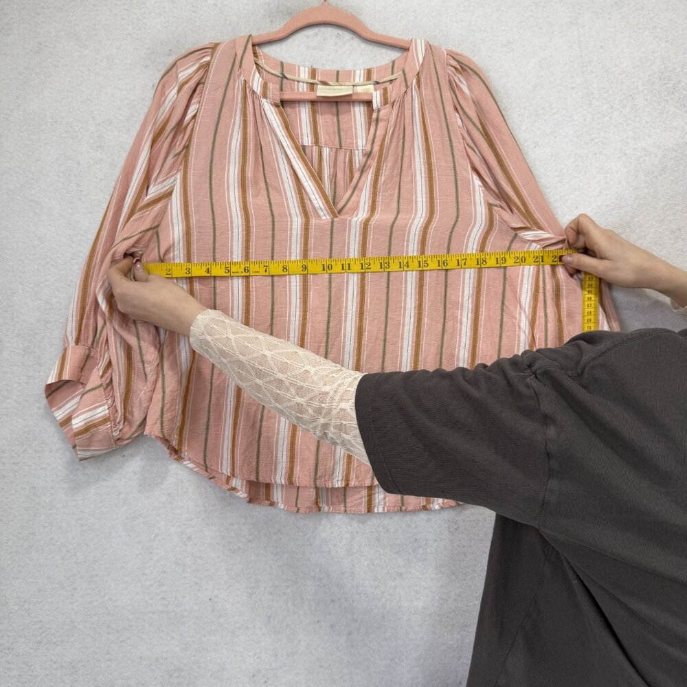 Maeve Blouse Womens Large Pink Stripe V Neck 3/4 Balloon Sleeve Tunic Top Boho - Picture 4 of 11
